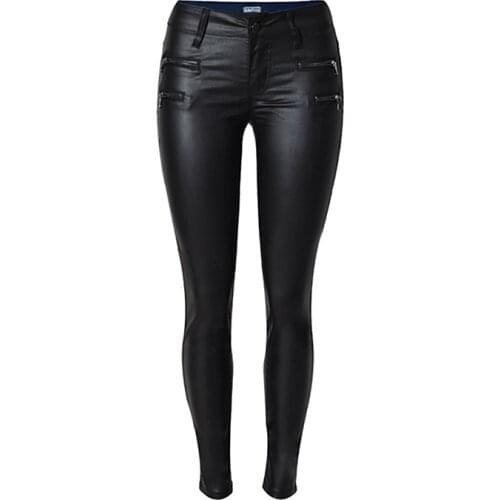 Spring Autumn women low waist slim feet PU leather pants double zipper black denim trousers stitching fashion casual jeans K167
