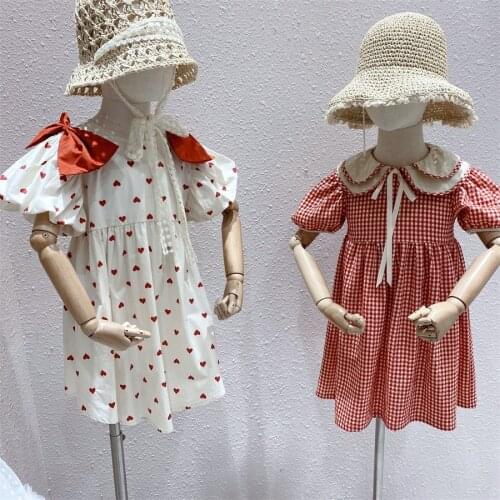 2021 Girls Bow Dress Korean Style Kids Heart-Shaped Print Dresses Children Short Sleeve Cotton Summer Frocks Fashion Girls Frock