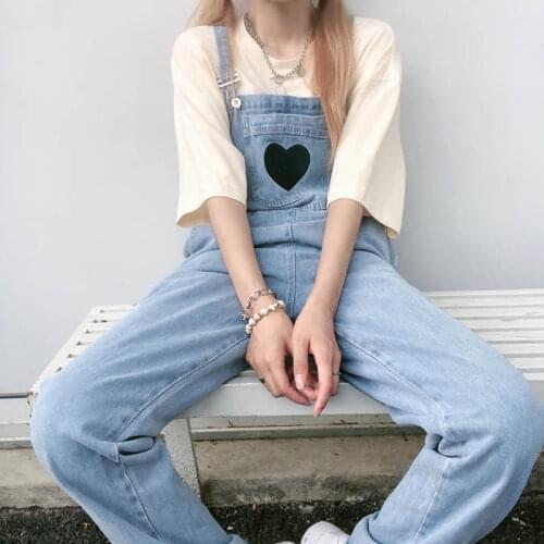 Denim Jumpsuit Women Trousers Female Harajuku Love Embroidery Loose Overalls Vintage Bib Pants Washed Big Pocket Rompers Cotton