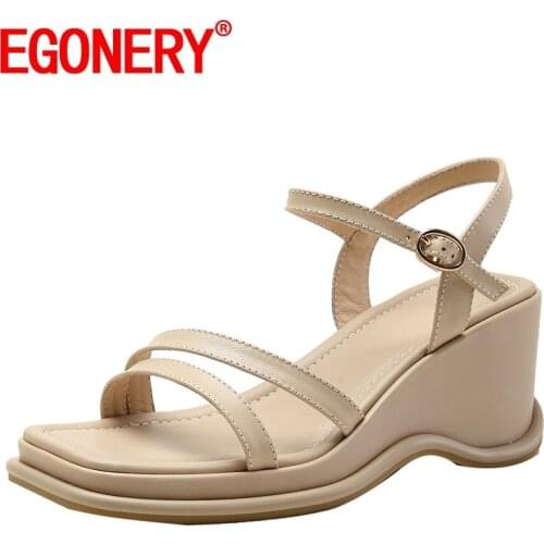 EGONERY Women summer New Style Sandals Genuine Leather Concise Comfortable Fashion Leisure Slope Heel Shoes Square Toe