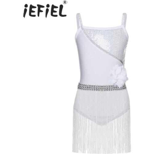 IEFiEL Kids Girls Lyrical Dance Costumes Elastic Straps Sequined Latin Rumba Salsa Tango Gymnastics Leotard Dress with Tassels