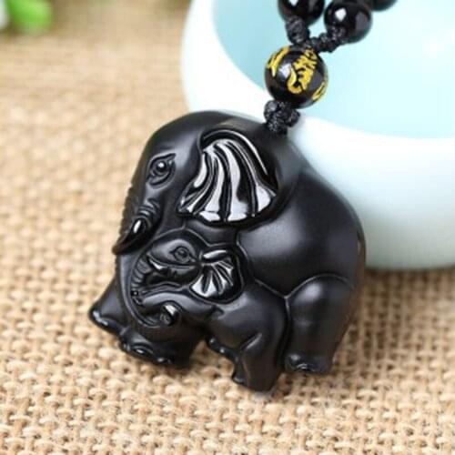 Jadery Handmade natural obsidian auspicious wealthy mother elephant jade pendant necklace Gemstone Crystal Bead Chain Necklaces