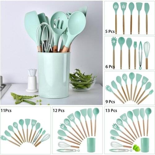 Kitchen Utensil Set Silicone Cooking Tools Wooden Handle Spoons Spatula Set Cookware Turner Tongs Kitchen Gadgets with Holder