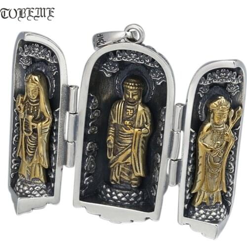 Real 925 Silver Buddha Statue Pendant Sterling Silver The Three Bodhisattva Pendant Good Luck Pendant