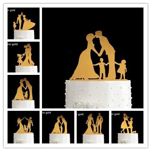 New family cake topper with1 or 2 kids bride and groom wedding cake topper birthday toppers boys girls party decoration