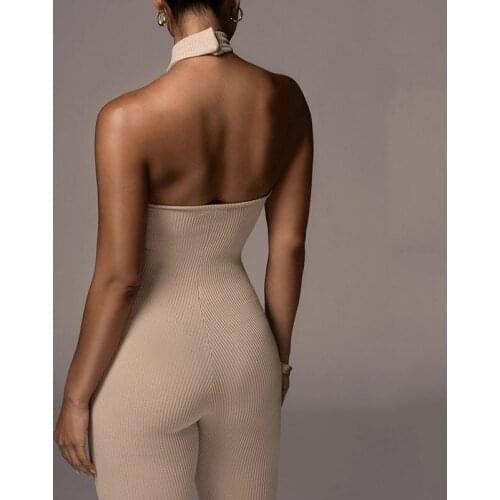 Bodycon Orange Ropmers Backless Evening Clubwear Outfits Ribbed Knit Jumpsuit Halter Sexy Women 2021 Sleeveless Jumpsuits G2275