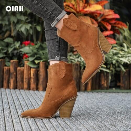 OIAH 2020 New Winter Woman Shoes Casual Fashion Ankle Boots Western Cowboy Mid Square Heel Boot Suede Brown Black Shoes