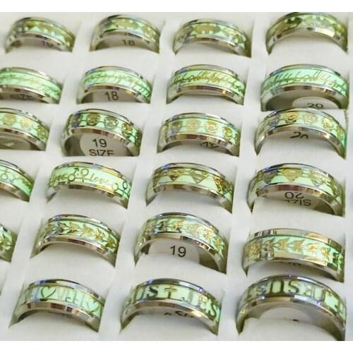 Wholesale 50pcs 8mm Delicate inner arc JESUS butterfly 8 styles mixed luminous stainless steel rings