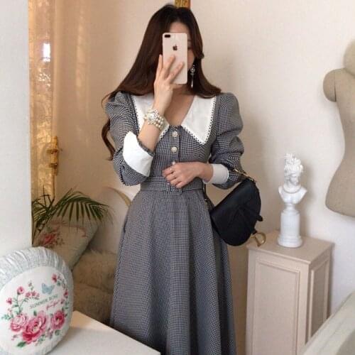 Vintage Plaid WomenS Dress With Belt Lapel Collar Long Sleeve Dress 2021 Spring Autumn Korean One-Piece Fashion Ladies Dresses
