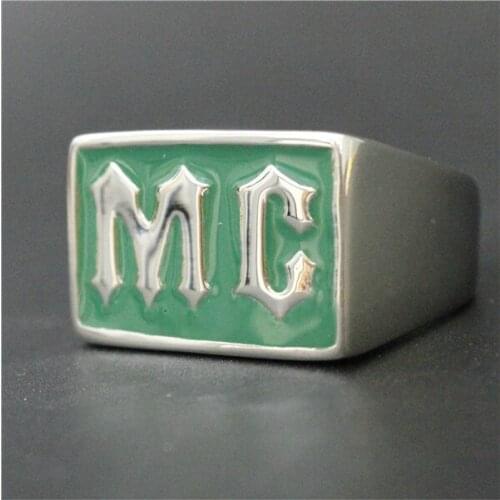 Drop Shipping Cool Band Polishing Fashion Green MC Ring Punk Gothic Ring 316L Stainless Steel Hot Motor Biker Cluc Biker Ring
