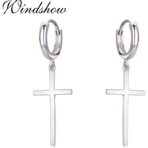Real 925 Sterling Silver Small Loop Circle Cross Charm Drop Dangle Earrings For Women Girls Kids Children Men Jewelry Gift Aros