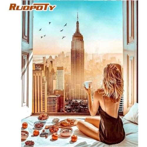 RUOPOTY Woman Drink Coffee On Window Oil Painting By Numbers Kits For Adults 40x50cm Framed Handmade Unique Gift Home Craft