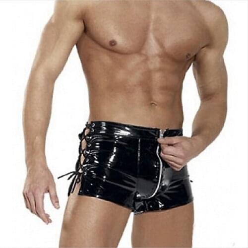 Sexy Shorts Hot Men Latex PVC Open Crotch Zipper Leggings Shorts Fetish Gay Faux Leather Lace Up Short Pants Clubwear