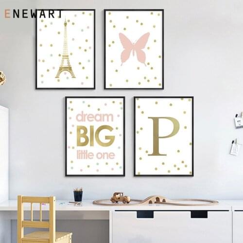 Modern Initial Letters Wall Art Butterfly Flamigo Prints and Posters Pink Canvas Painting for Kids Girl Room Home Decoration