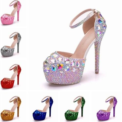Crystal Queen Wedding Shoes Bridal Sandals Women Girl Glitter Fake Crystal Evening Party Dress Shoes High Heels