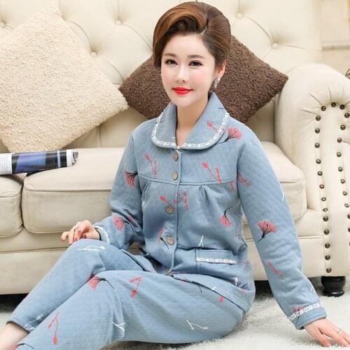 Knitted Cotton Quilted Pyjamas Women Autumn Winter Warm Sleeping Pajamas Set Long Sleeve Ladies Floral Elegant Night Wear M-4XL