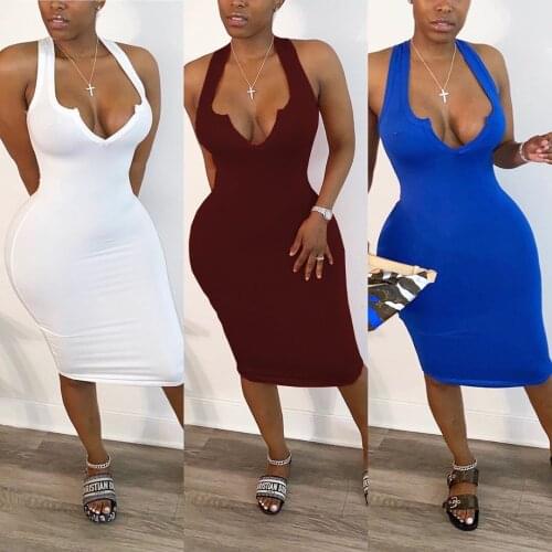 XinHuaEase Womens Summer Sexy Bodycon Dresses Sleeveless European American Party Womans Solid Color V-neck Tight White XXXL
