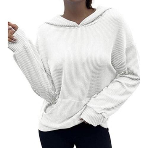Women Sweatshirt Hoodies Solid Color Front Pocket Pullover Hoodie Autumn Long Sleeve Ribbed Hooded Women Sweatshirt Blouse Coat