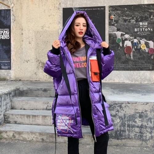 QingWen Loose Glossy Winter Jacket Women White Duck Down Coat Hooded Thick Warm Windproof Snow Street Outwear Jaqueta Feminina