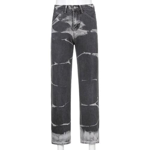 Women Casual Trousers Jeans Straight Denim Pants Joggers Baggy Printed Vintage Aesthetic High-waist Tie-dye Streetwear