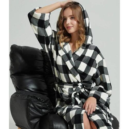 Women Bathrobe Winter Thick Warm Coral Fleece Kimono Bathrobe Gown Robe Dress Lovers Nightwear Pijama Sleepwear Black and White