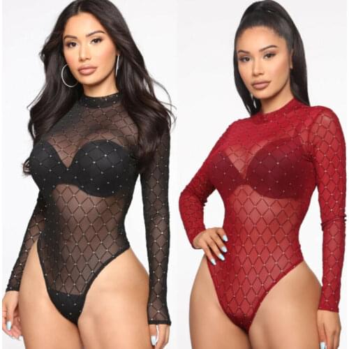 Women Sexy Long Sleeve Bodysuit See Through Plaid Ladies One Piece Rompers Club Tops clothing
