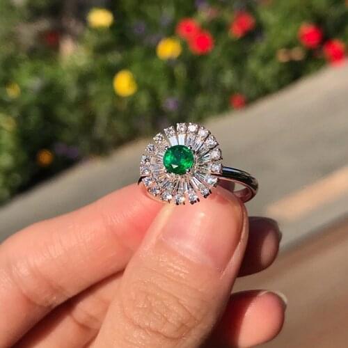 Aazuo 18K Fine Jewelry White Gold Real Diamond Natrual Emerald Classic Sun Flower Ring Gift For Women Engagement Party Au750
