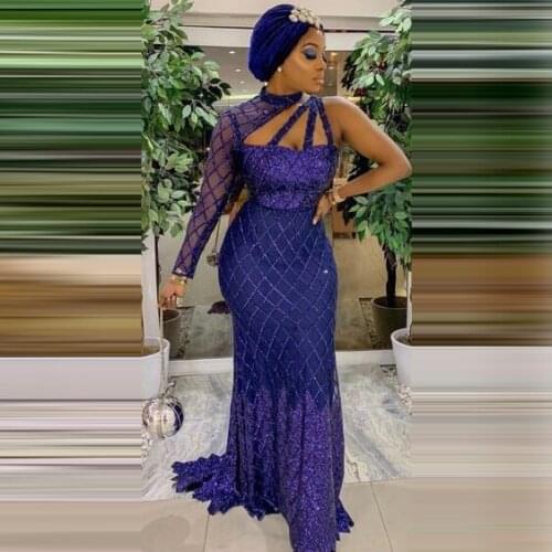 Aso Ebi Evening Gowns Mermaid Royal Blue Floor Length Court Train Full Beadings One Shoulder Sheer Long Sleeve vestidos de gala