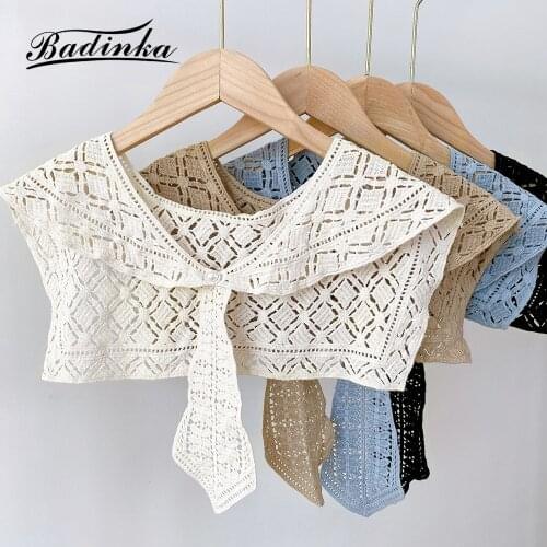 Badinka 2021 New Black Hollow Out Crochet Lace Neck Guard Scarf Shawl Women Solid Color Knitted Wrap Scarfs for Ladies Pashminas