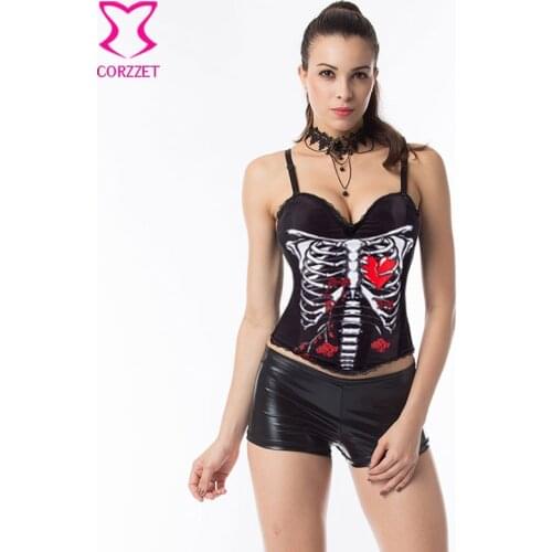 White Skeleton Print Black Cotton Push Up Bustier Sexy Corset Overbust Korset Punk Gothic Clothing Burlesque Corsets and Bustier
