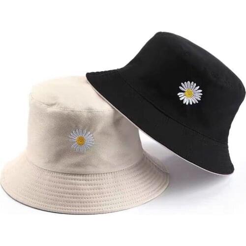 Reversible Summer Bucket Hats Flower Fishing Hat Cotton Women Hats Korea Style Yellow Beige White