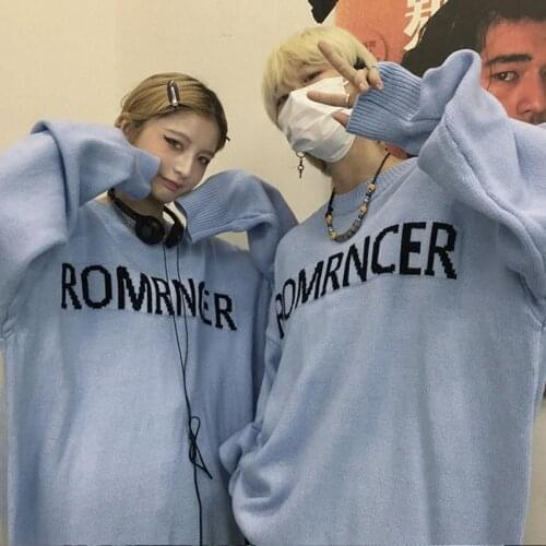 Korean Womens Sweater Trend Hong Kong Style Simple Letter Jacquard Pullover Knitted Jumper Loose Casual Autumn Couple Sweaters