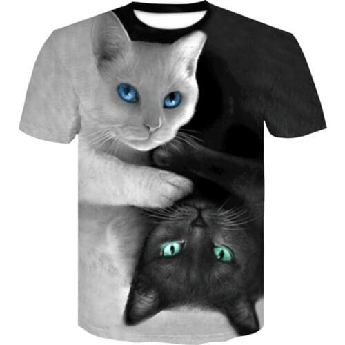 Summer men and women casual short-sleeved crewneck printed t-shirts fashion animal black and white cat t-shirts