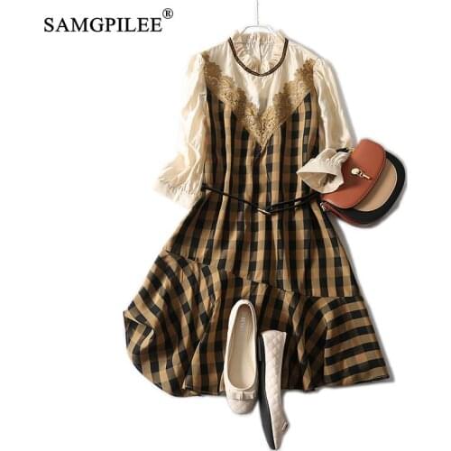 Summer Clothes For Women 2021 New Fashion Casual Patchwork Retro Plaid Organza Lace Collar Slim Knee Length Woman Dresses 4XL