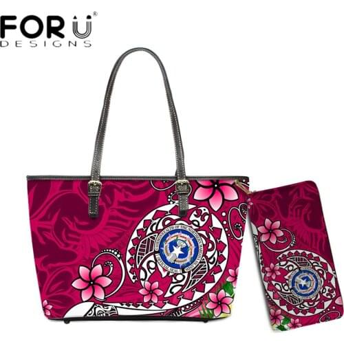 FORUDESIGNS Fashion Luxury Handbag For Women Northern Mariana Islands Polynesian Turtle Flower Printed Lady Leather Totes Purse