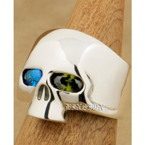US Size 8 ~ 15 Blue + Green CZ Eyes 925 Sterling Silver Skull Mens Boys Biker Rock Punk Ring 9G403