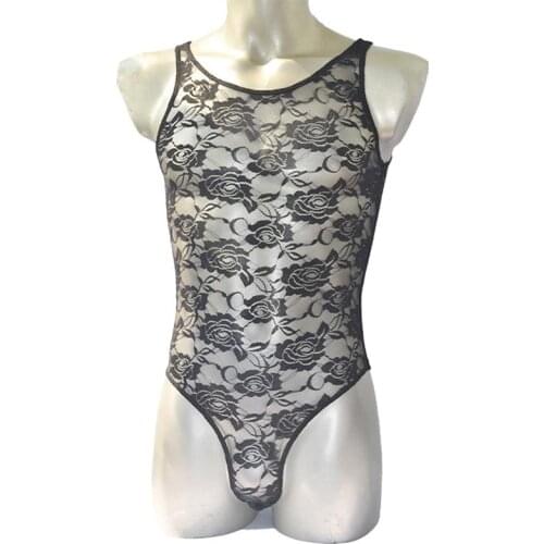 Mens Sexy Lingerie Sheer Lace Teddies Tank Top Sissy bikini Costume See Through Bodysuit Unitard Leotard