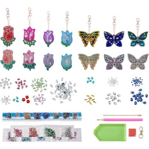 1Bag Diamond Painting Keychain Kits with Rose/Butterfly Shape Diamond Painting Mold Rhinestone Beads for DIY Key Chains Making