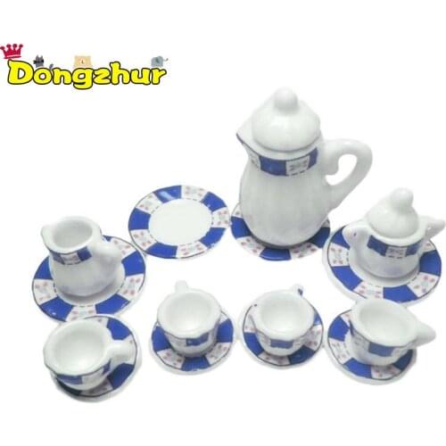 Dongzhur 35 Pcs Blue Lattice Ceramic Tableware Set Dollhouse Miniatures 1:12 Accessories Porcelain Set Furniture Parts