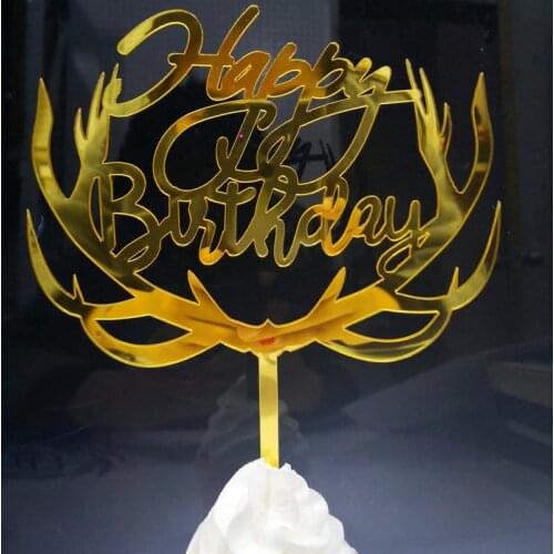 New Elk Antlers Happy Birthday Cake Topper Gold Birthday Cupcake Topper Supplies for Baby Birthday Party Cake Decorations 2020