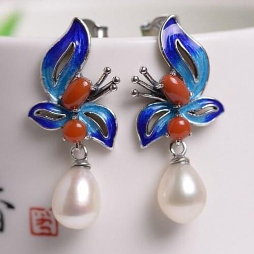 New Silver Inlaid Natural Hotan Jade Vintage Chinese Style Burnt Blue Butterfly Petal Enamel porcelain Agate Ear Womens Jewelry