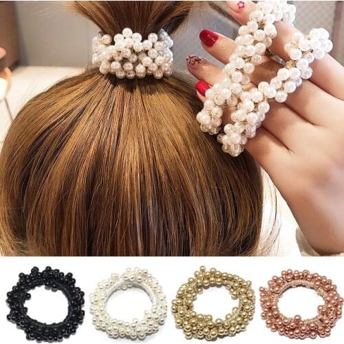Fashion Girls Pearl Beads Headbands Ponytail Holder Rubber Rope Elastic Hair Korean Scrunchie Gum Hair Headdress for Women