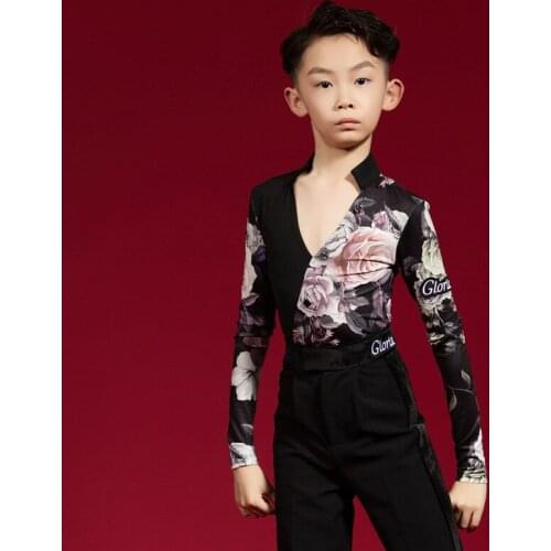 Latin Dance Shirt For Boys Floral Ballroom Practice Tops Stage Costume Long Sleeve Cha Cha Dance Blouse Designer Clothes JL3039