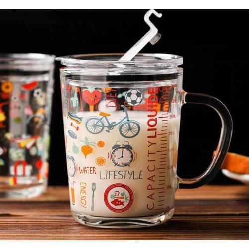Glass Scale Cup with Breakfast Cup Can Be Customized Cute Cartoon Cat Straw Cup Heat-resistant Creative Childrens Milk Cup