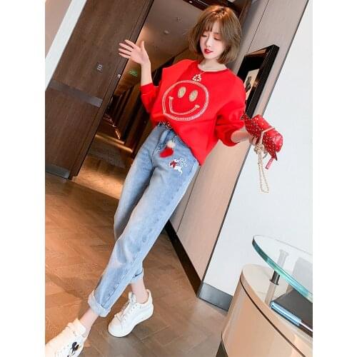 Embroidered and taped cartoon loose straight jeans for women 2021 Spring new High Quality Top Quality