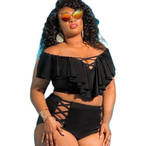 Women Plus Size Two Pieces Swimsuit Off Shoulder Ruffled Flounce Swimwear Bathing Suit Criss Cross Lace Up Bottoms 5XL Beachwear