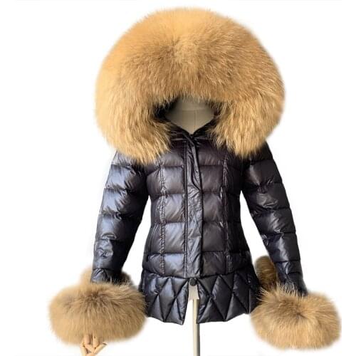 MAOMAOFUR Women Winter Down Coat Girls Long Black Parka Real Raccoon Fur Hood White Duck Down Jacket Real Raccoon Fur Collar