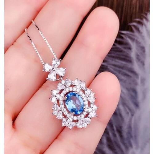 Luxurious Restoring big round Natural blue topaz gem Pendant necklace S925 silver Natural gemstone necklace women girl jewelery