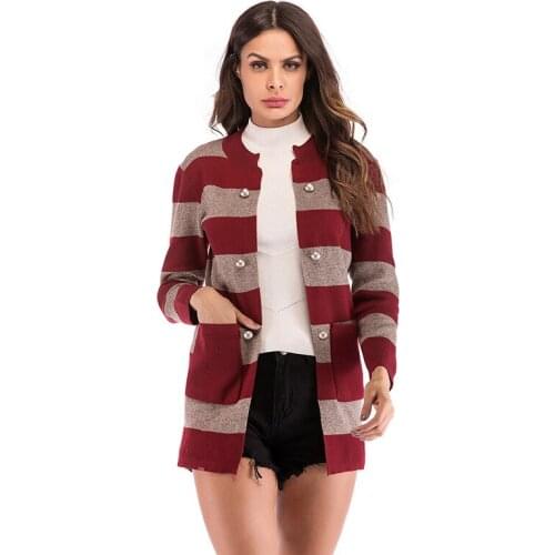 YYFS 2019 Fashion Single Breasted Side Pockets With Closed Button Autumn Jacket Women Coat Knitting Stripe Ladies Coats Jackets