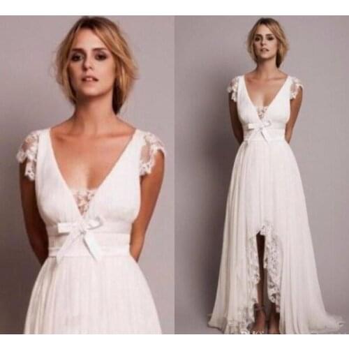 2020 Modest Beach Wedding Dresses with Lace High Low Country Wedding Dress New Fashion Bridal Gown Robe Mariage